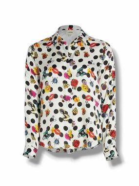 L'AGENCE Tyler Silk Button-Down Shirt Multicolor Butterfly Print Crystal Dot